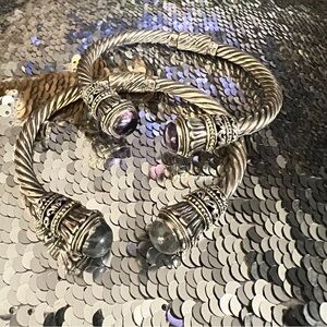 Elegant Silver and Gold Indonesian cuffs with amethyst and moonstone stones